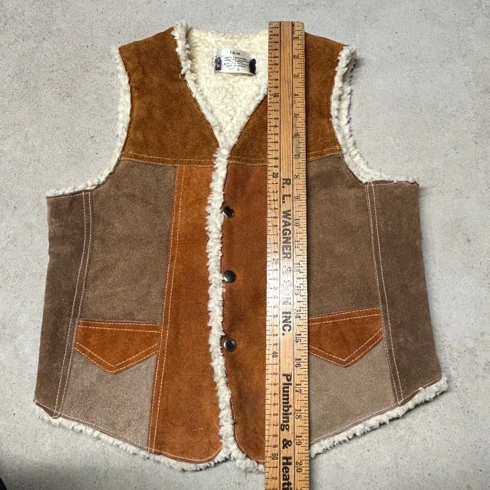 Vintage I.D.M. 100% Leather Vest Suede Youth Western Cowboy Sherpa Colorblock